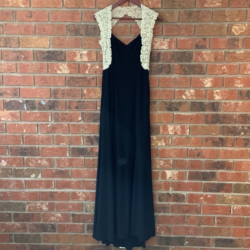 XScape Gold Lace & Black Open Back Formal Gown